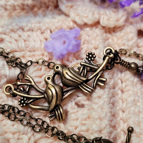 Lovebird Necklace with Genuine Amythyst bead and "fearless" tag - Picture 3 of 10